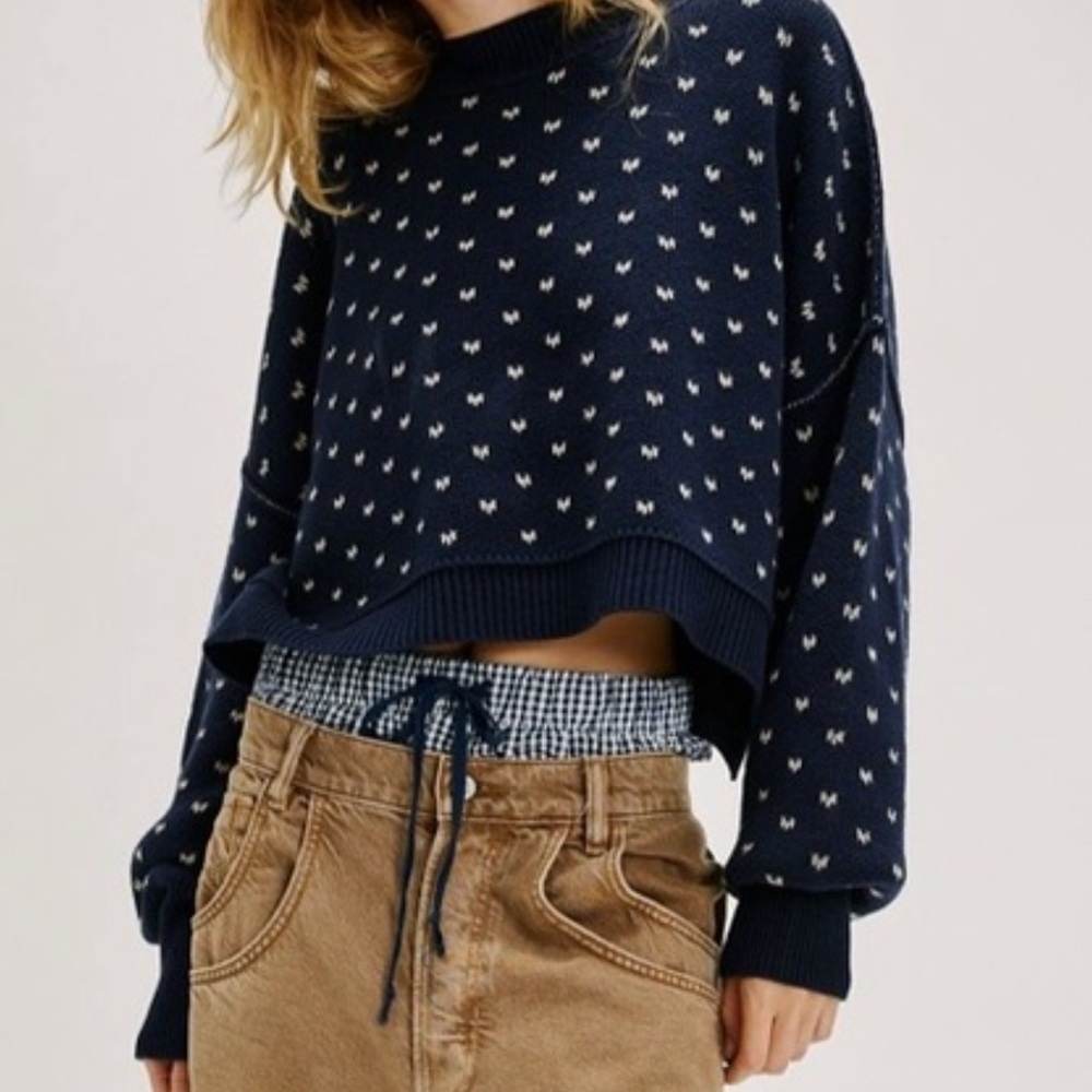 Navy Blue Women's Sweater with White Pattern